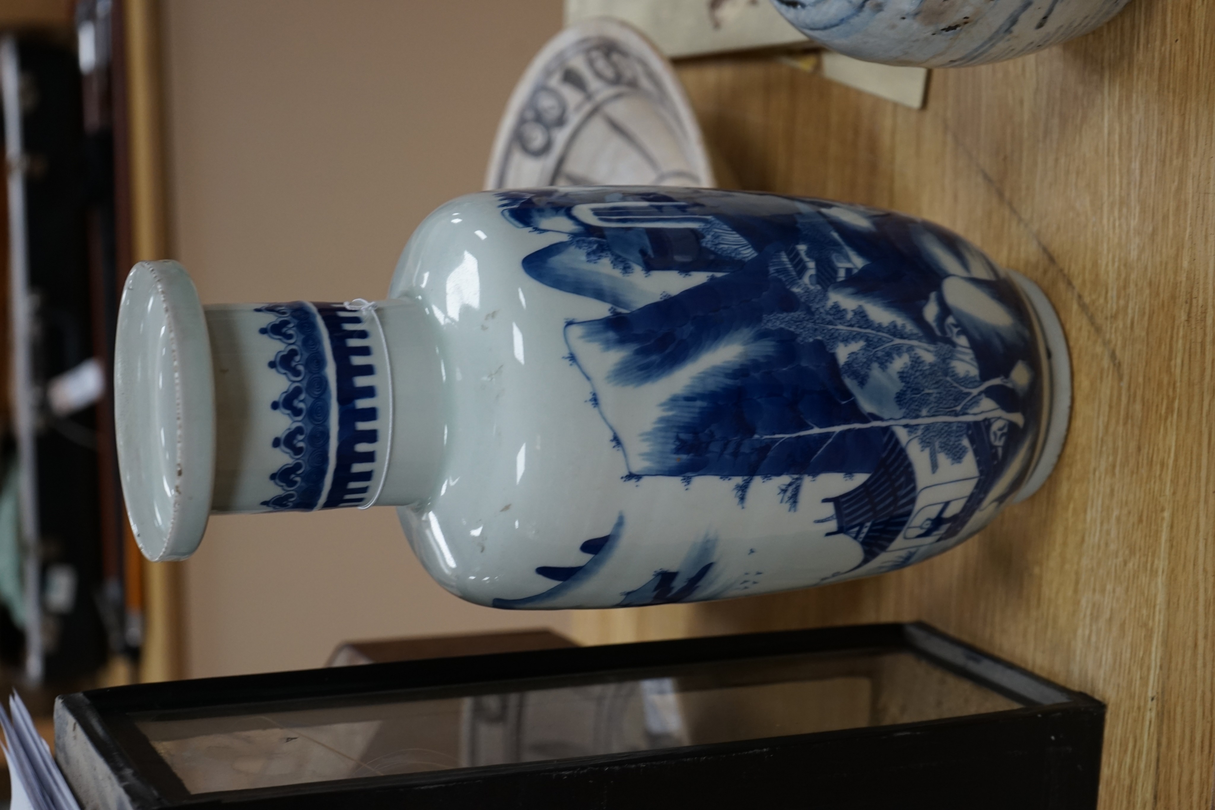 A Chinese blue and white rouleau vase and two jars, 19th century and later, 38cm
